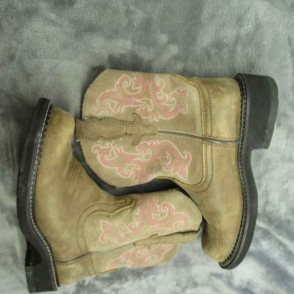 Ariat‎ Girls Boots 6 B Pink Embroidered Tan Leather Square Toe Fatbaby II Cowboy